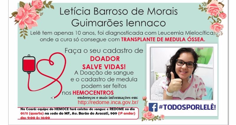 DS/CE, SAMF/CE e HEMOCE promovem campanha de doação de sangue e de cadastramento de doadores de medula óssea, nesta quarta (01/11)